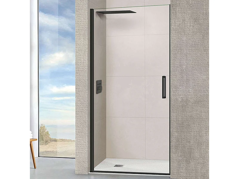 Porte de douche pivotante gauche - Paroi de douche L.80 x H195 cm - Verre trempé 6mm transparent anti calcaire - Noir Mat - SUPERBAN