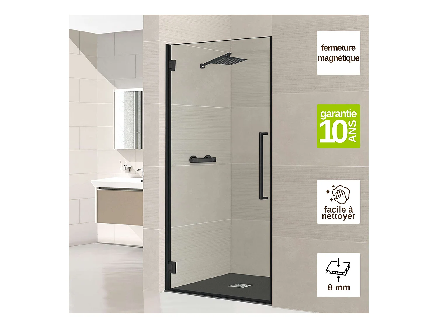 Porte de douche charnières droite - Paroi de douche L.80 x H195 cm - Verre trempé 8mm transparent anti calcaire - Noir Mat - SUPERBAN