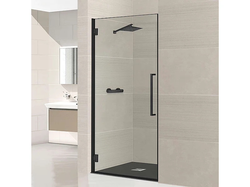 Porte de douche charnières gauche - Paroi de douche L.70 x H195 cm - Verre trempé 8mm transparent anti calcaire - Noir Mat - SUPERBAN