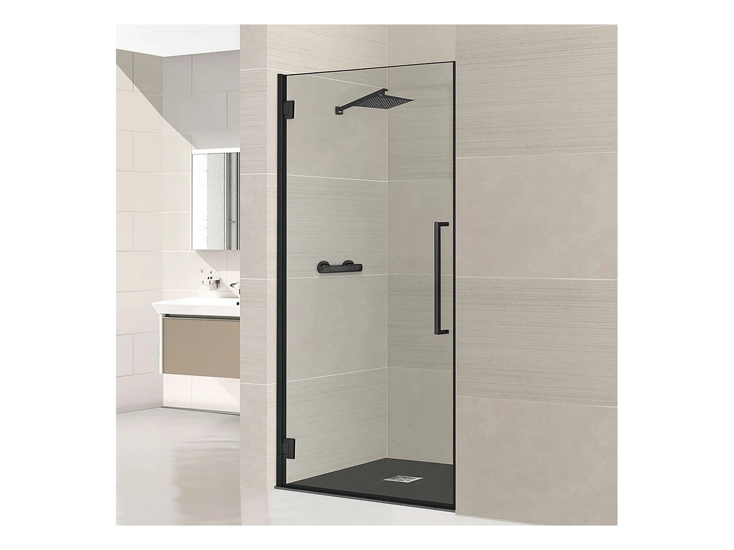 Porte de douche charnières gauche - Paroi de douche L.70 x H195 cm - Verre trempé 8mm transparent anti calcaire - Noir Mat - SUPERBAN