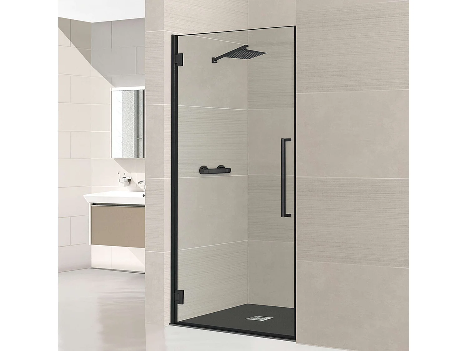 Porte de douche charnières gauche - Paroi de douche L.70 x H195 cm - Verre trempé 8mm transparent anti calcaire - Noir Mat - SUPERBAN