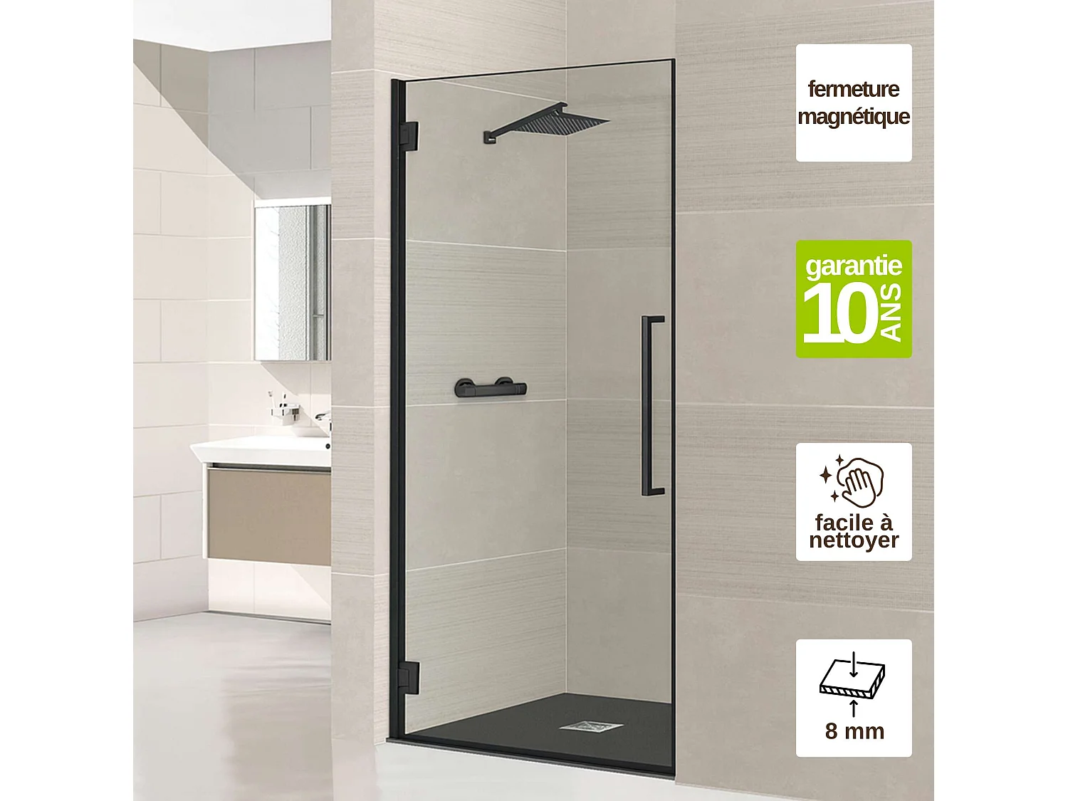 Porte de douche charnières gauche - Paroi de douche L.70 x H195 cm - Verre trempé 8mm transparent anti calcaire - Noir Mat - SUPERBAN