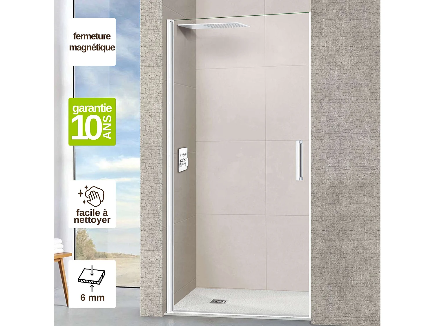 Porte de douche pivotante droite - Paroi de douche L.80 x H195 cm - Verre trempé 6mm transparent anti calcaire - Blanc Mat - SUPERBAN