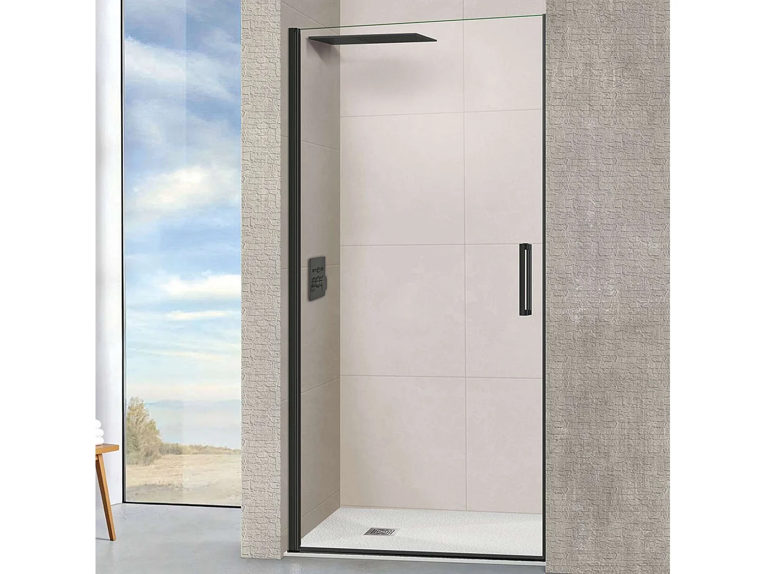 Porte de douche pivotante droite - Paroi de douche L.80 x H195 cm - Verre trempé 6mm transparent anti calcaire - Noir Mat - SUPERBAN