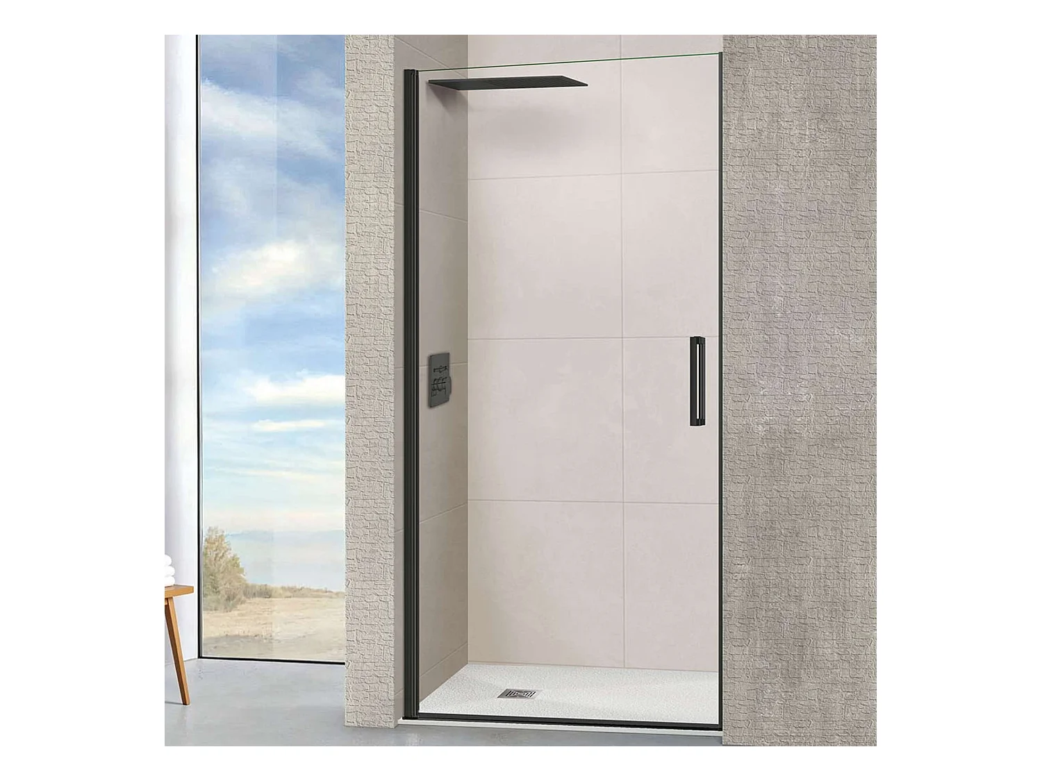 Porte de douche pivotante droite - Paroi de douche L.70 x H195 cm - Verre trempé 6mm transparent anti calcaire - Noir Mat - SUPERBAN