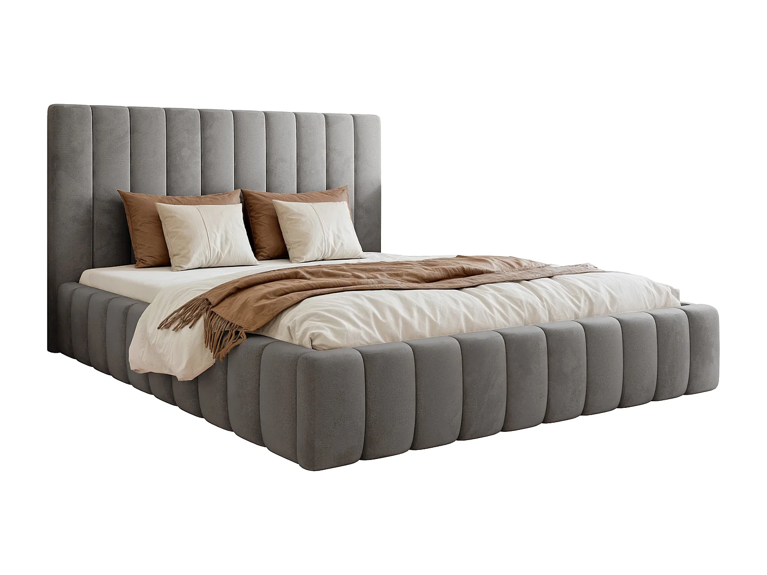 BESILIO Lit double 160x200 Tina – lit fin pour la chambre avec sommier et coffre de rangement – tissu velours – Gris