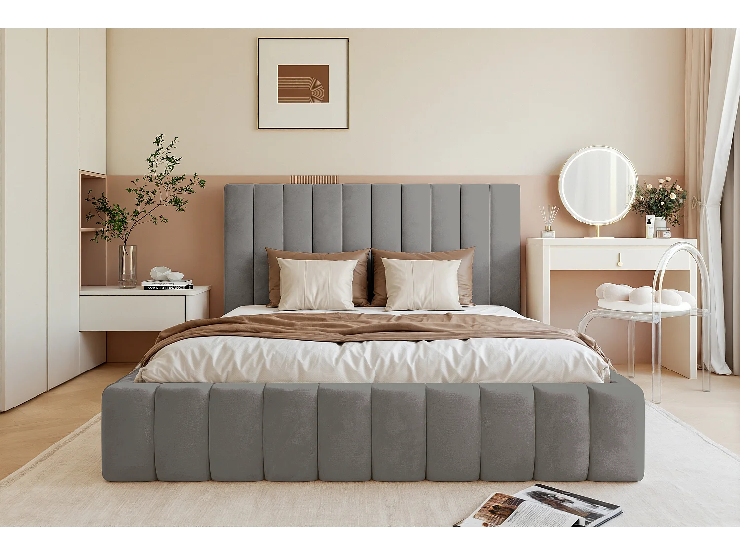 BESILIO Tweepersoonsbed 160x200 Tina – slank slaapkamerbed met lattenbodem en opbergruimte voor beddengoed – fluwelen stof – Grijs