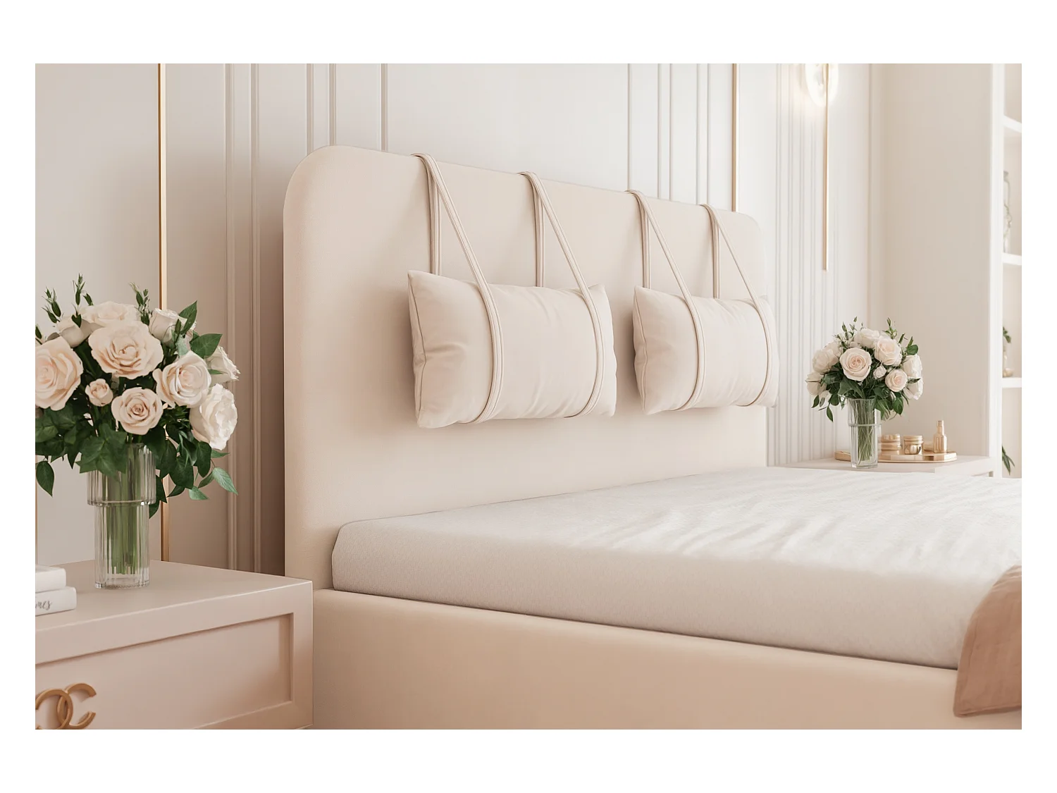 BESILIO Bed op gouden poten 120x200 Monti II – slank bed met afneembare sierkussens, metalen poten, lattenbodem en opbergruimte voor beddengoed – Crèmekleurig