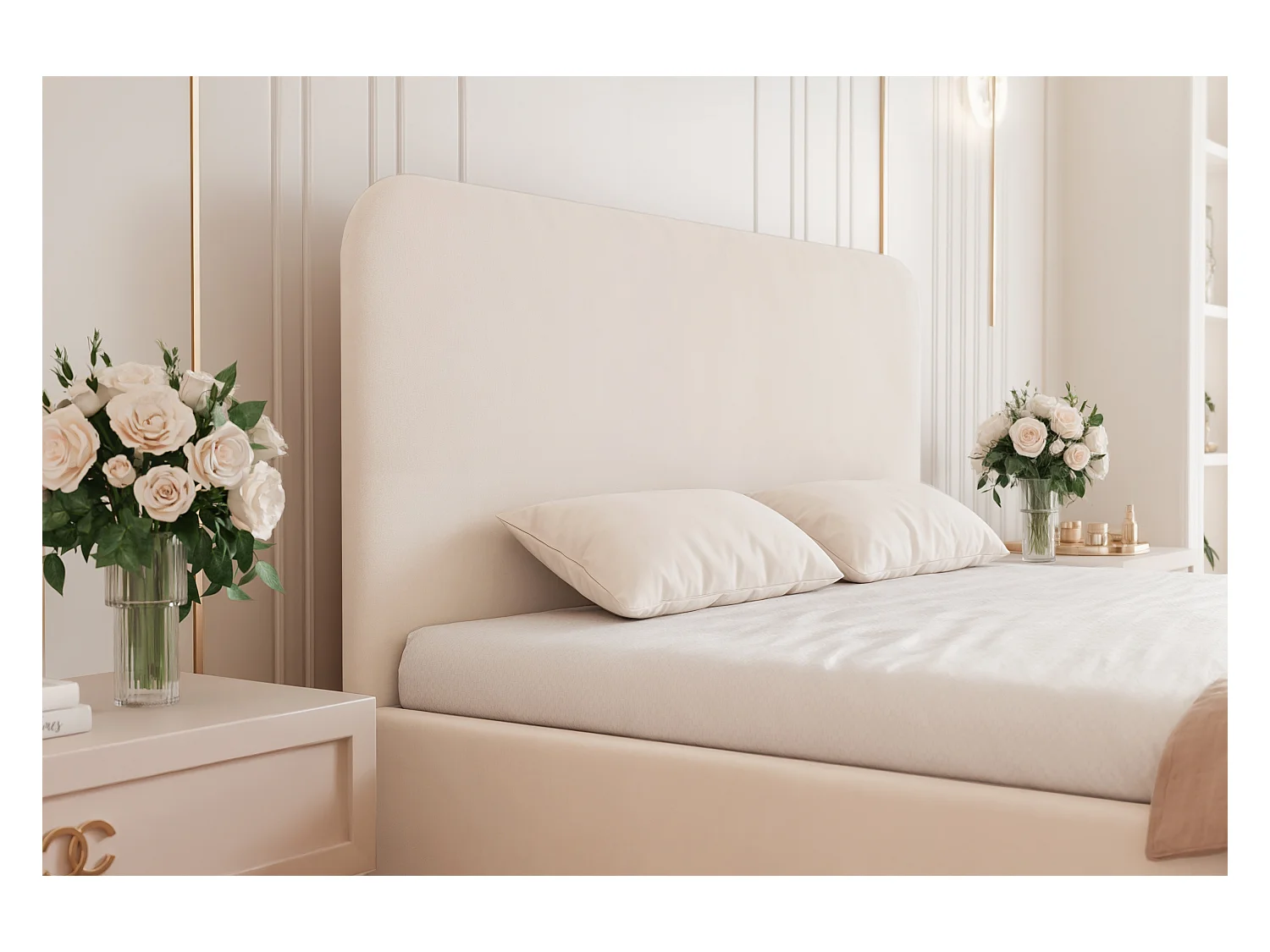 BESILIO Bed op gouden poten 120x200 Monti II – slank bed met afneembare sierkussens, metalen poten, lattenbodem en opbergruimte voor beddengoed – Crèmekleurig