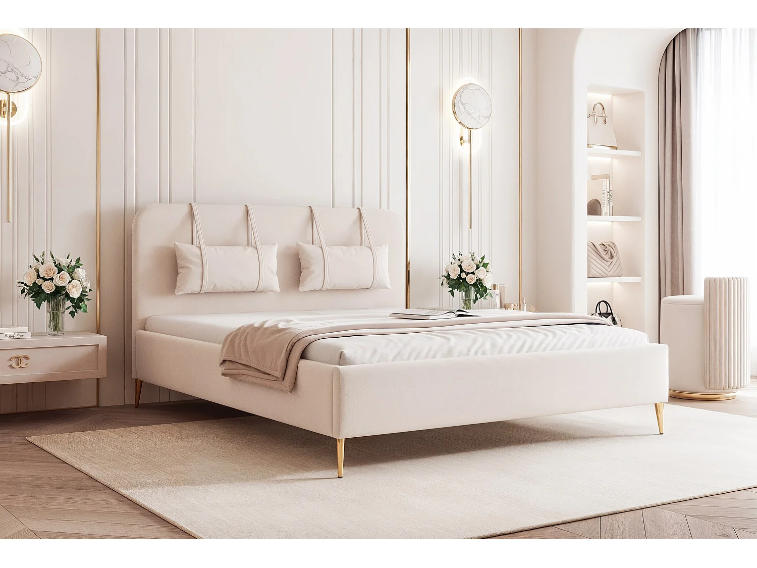 BESILIO Lit sur pieds dorés 120x200 Monti II – lit fin avec coussins décoratifs amovibles, pieds en métal, sommier et coffre de rangement – Crème