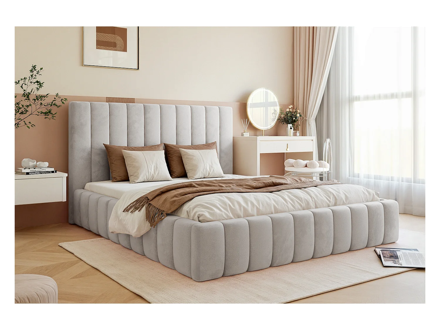 BESILIO Tweepersoonsbed 180x200 Tina – slank slaapkamerbed met lattenbodem en opbergruimte voor beddengoed – fluwelen stof – Lichtgrijs