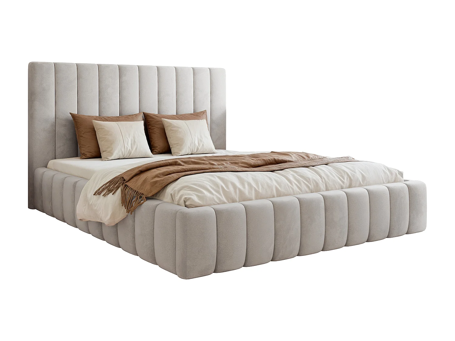 BESILIO Lit double 180x200 Tina – lit fin pour la chambre avec sommier et coffre de rangement – tissu velours – Gris clair