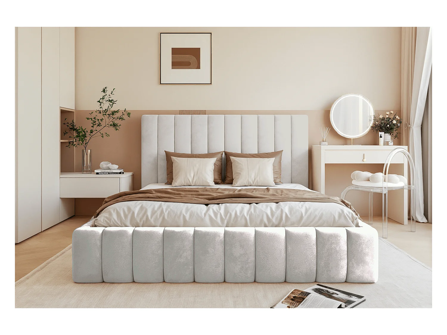 BESILIO Tweepersoonsbed 140x200 Tina – slank slaapkamerbed met lattenbodem en opbergruimte voor beddengoed – fluwelen stof – Lichtgrijs