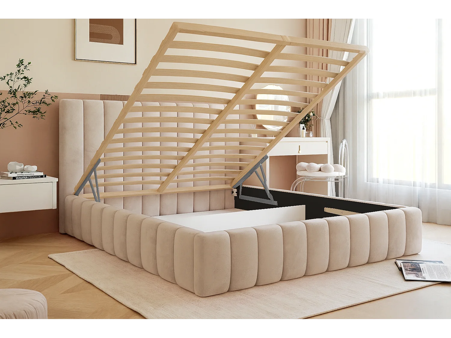 BESILIO Podwójne łóżko 140x200 Tina - Łóżko slim do sypialni ze stelażem i pojemnikiem na pościel- Tkanina welurowa- Jasnoszary