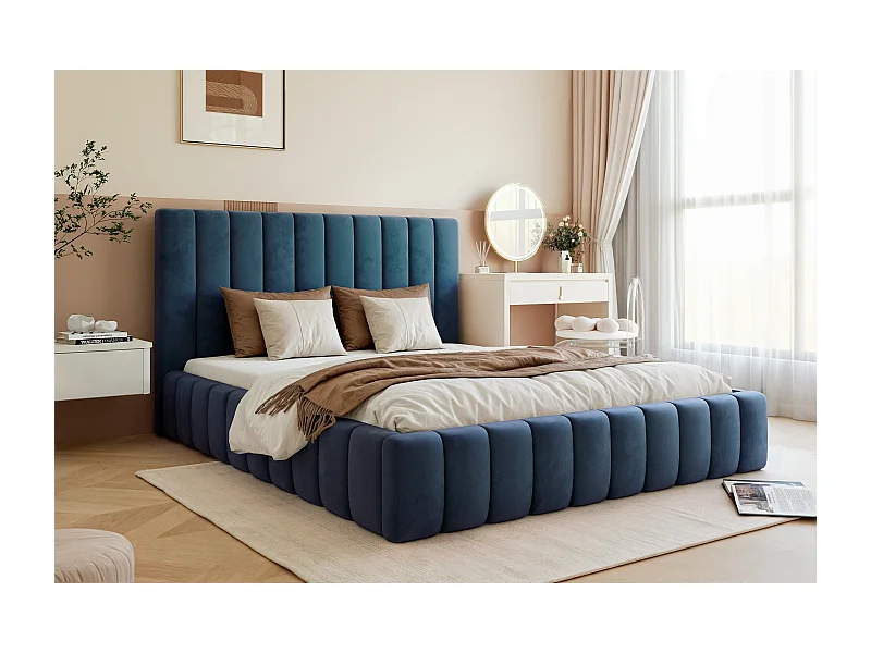 BESILIO Tweepersoonsbed 160x200 Tina – slank slaapkamerbed met lattenbodem en opbergruimte voor beddengoed – fluwelen stof – Marineblauw