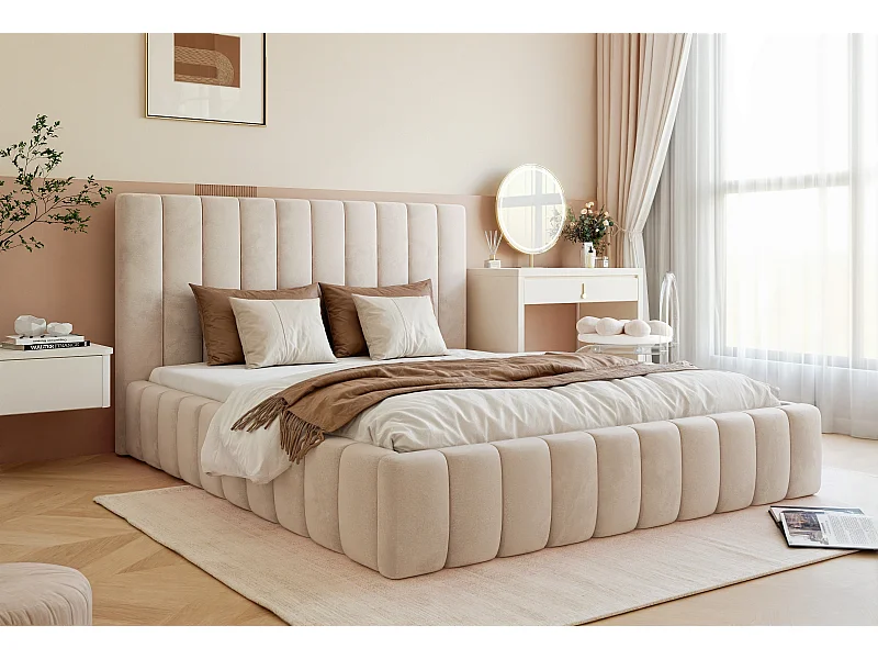 BESILIO Lit double 160x200 Tina – lit fin pour la chambre avec sommier et coffre de rangement – tissu velours – Beige