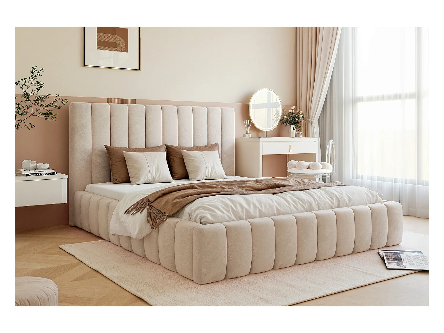 BESILIO Tweepersoonsbed 160x200 Tina – slank slaapkamerbed met lattenbodem en opbergruimte voor beddengoed – fluwelen stof – Beige