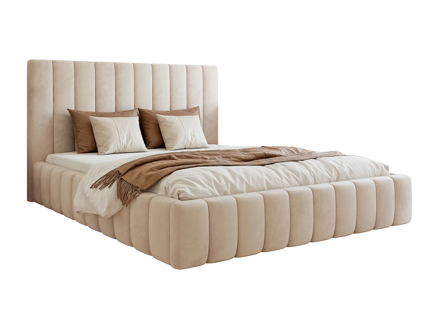 BESILIO Lit double 160x200 Tina – lit fin pour la chambre avec sommier et coffre de rangement – tissu velours – Beige