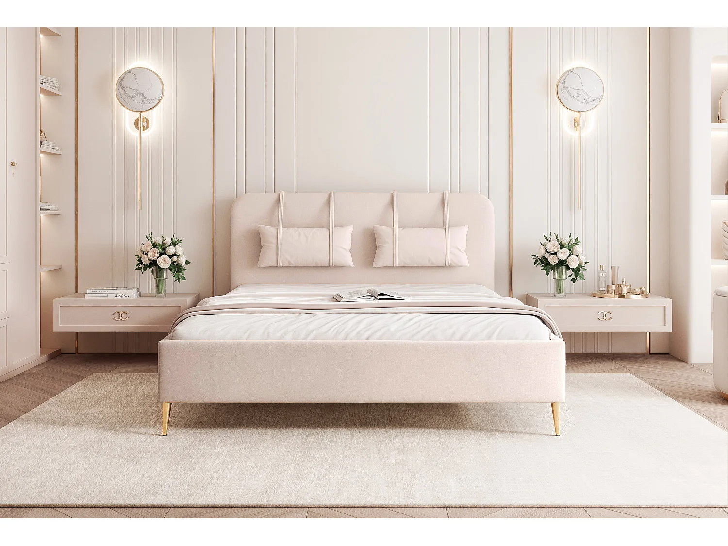 BESILIO Lit sur pieds dorés 160x200 Monti II – lit fin avec coussins décoratifs amovibles, pieds en métal, sommier et coffre de rangement – Crème