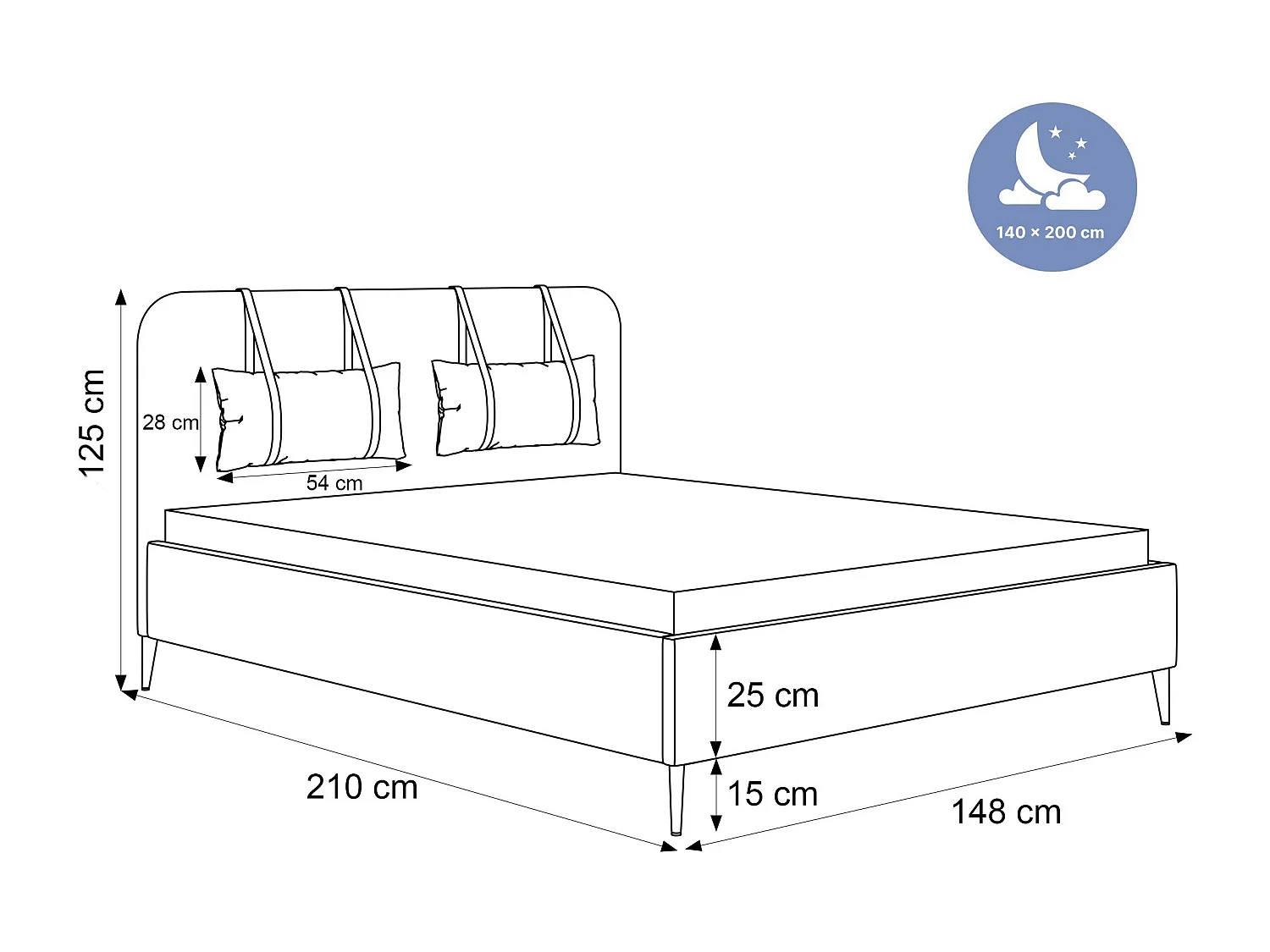 BESILIO Lit sur pieds dorés 140x200 Monti II – lit fin avec coussins décoratifs amovibles, pieds en métal, sommier et coffre de rangement – Gris clair