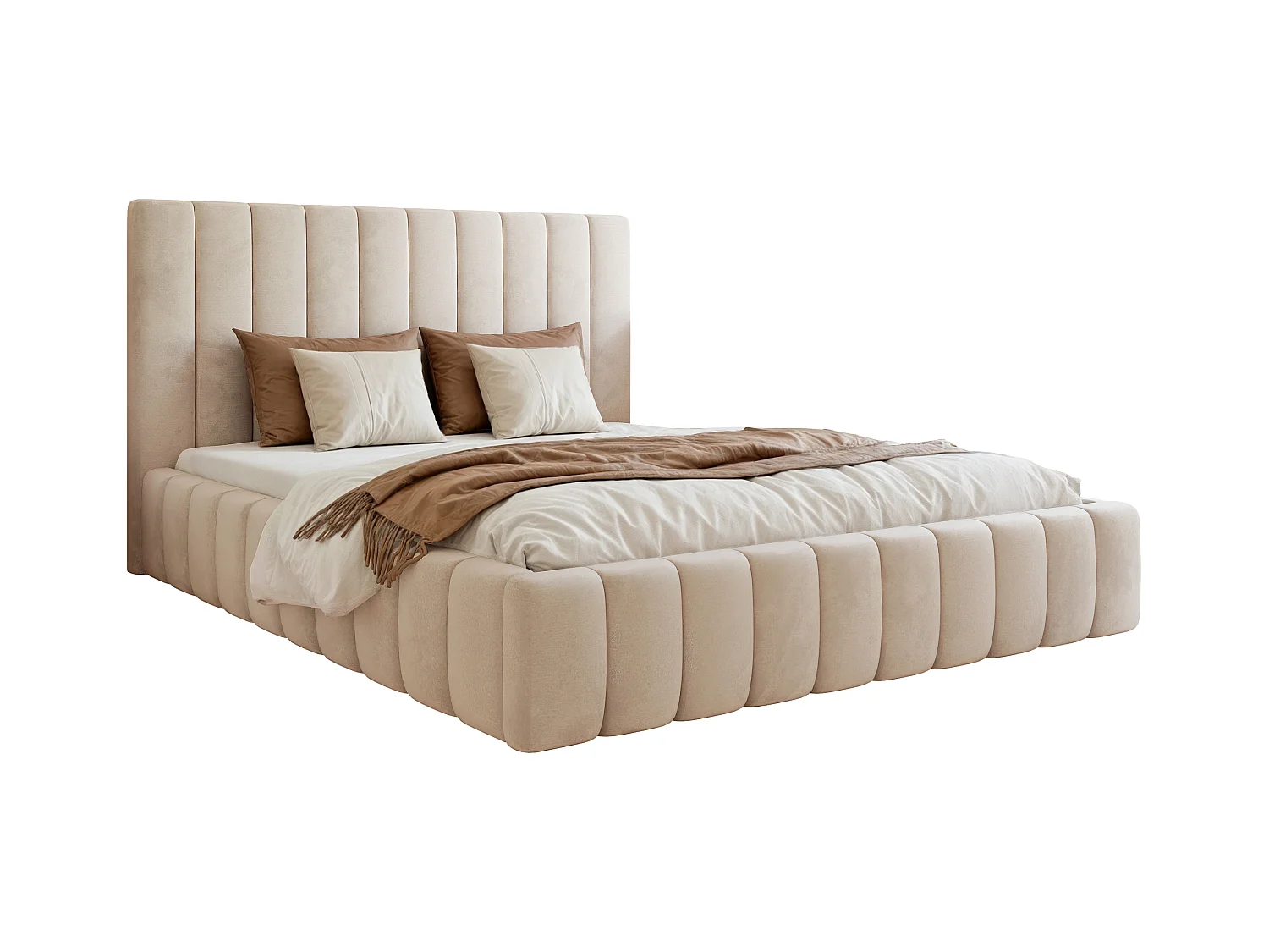 BESILIO Tweepersoonsbed 140x200 Tina – slank slaapkamerbed met lattenbodem en opbergruimte voor beddengoed – fluwelen stof – Beige