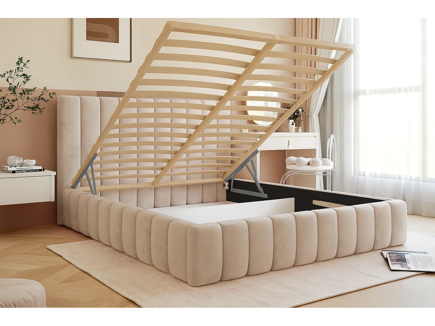 BESILIO Lit double 140x200 Tina – lit fin pour la chambre avec sommier et coffre de rangement – tissu velours – Beige