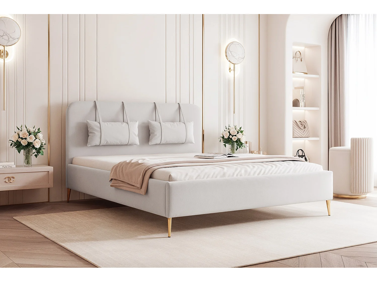 BESILIO Lit sur pieds dorés 200x200 Monti II – lit fin avec coussins décoratifs amovibles, pieds en métal, sommier et coffre de rangement – Gris clair