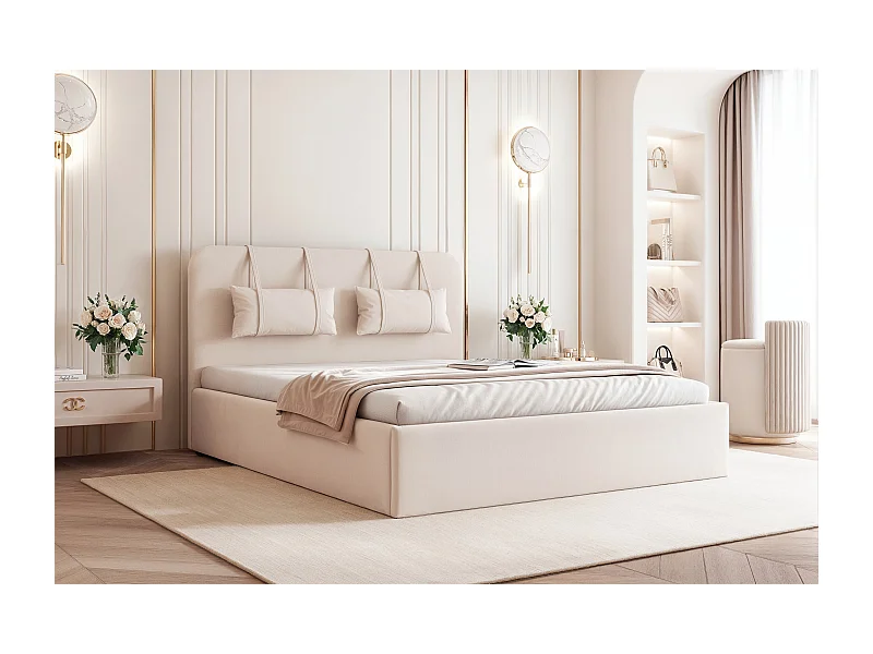 BESILIO Lit avec rangement en panneau 200x200 Monti – lit fin avec coussins décoratifs amovibles, sommier et coffre de rangement – Crème