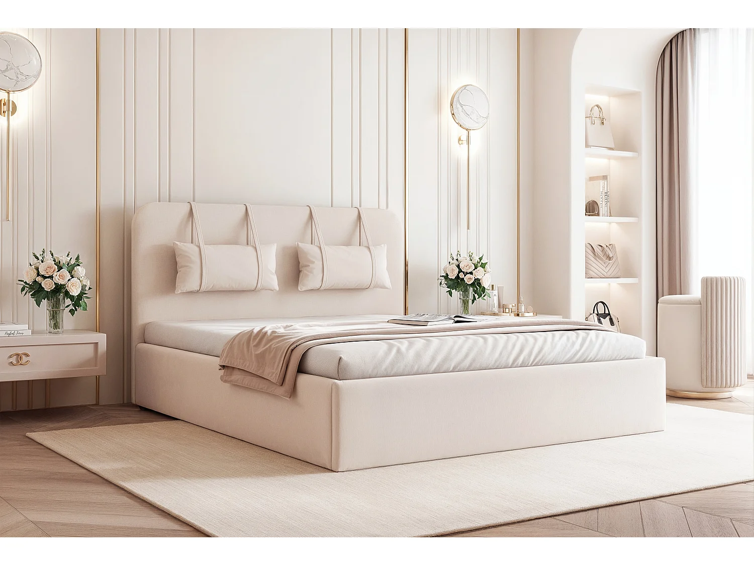 BESILIO Bed met opbergruimte van plaatmateriaal 200x200 Monti – slank bed met afneembare sierkussens, lattenbodem en opbergruimte voor beddengoed – Crèmekleurig