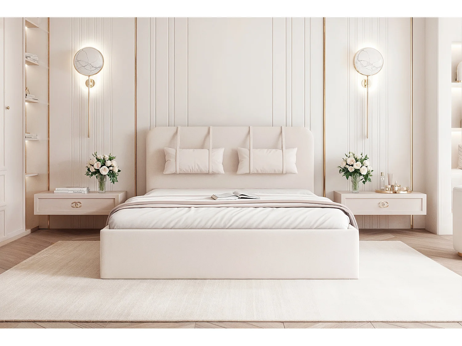 BESILIO Bed met opbergruimte van plaatmateriaal 200x200 Monti – slank bed met afneembare sierkussens, lattenbodem en opbergruimte voor beddengoed – Crèmekleurig