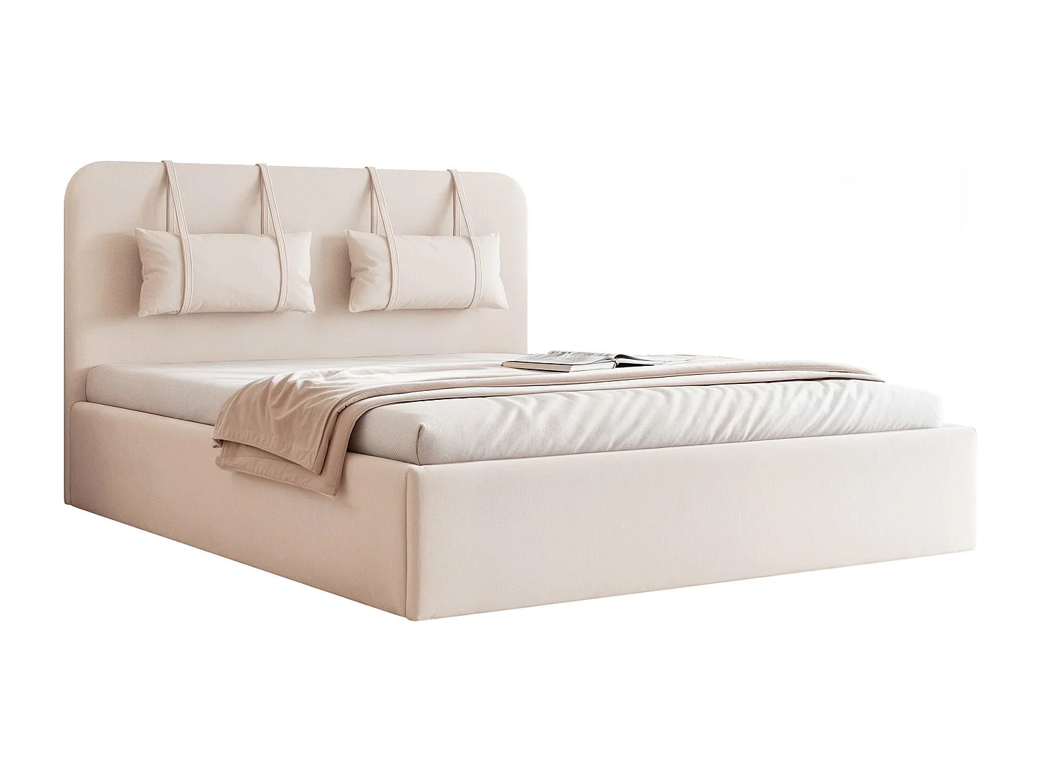 BESILIO Bed met opbergruimte van plaatmateriaal 200x200 Monti – slank bed met afneembare sierkussens, lattenbodem en opbergruimte voor beddengoed – Crèmekleurig