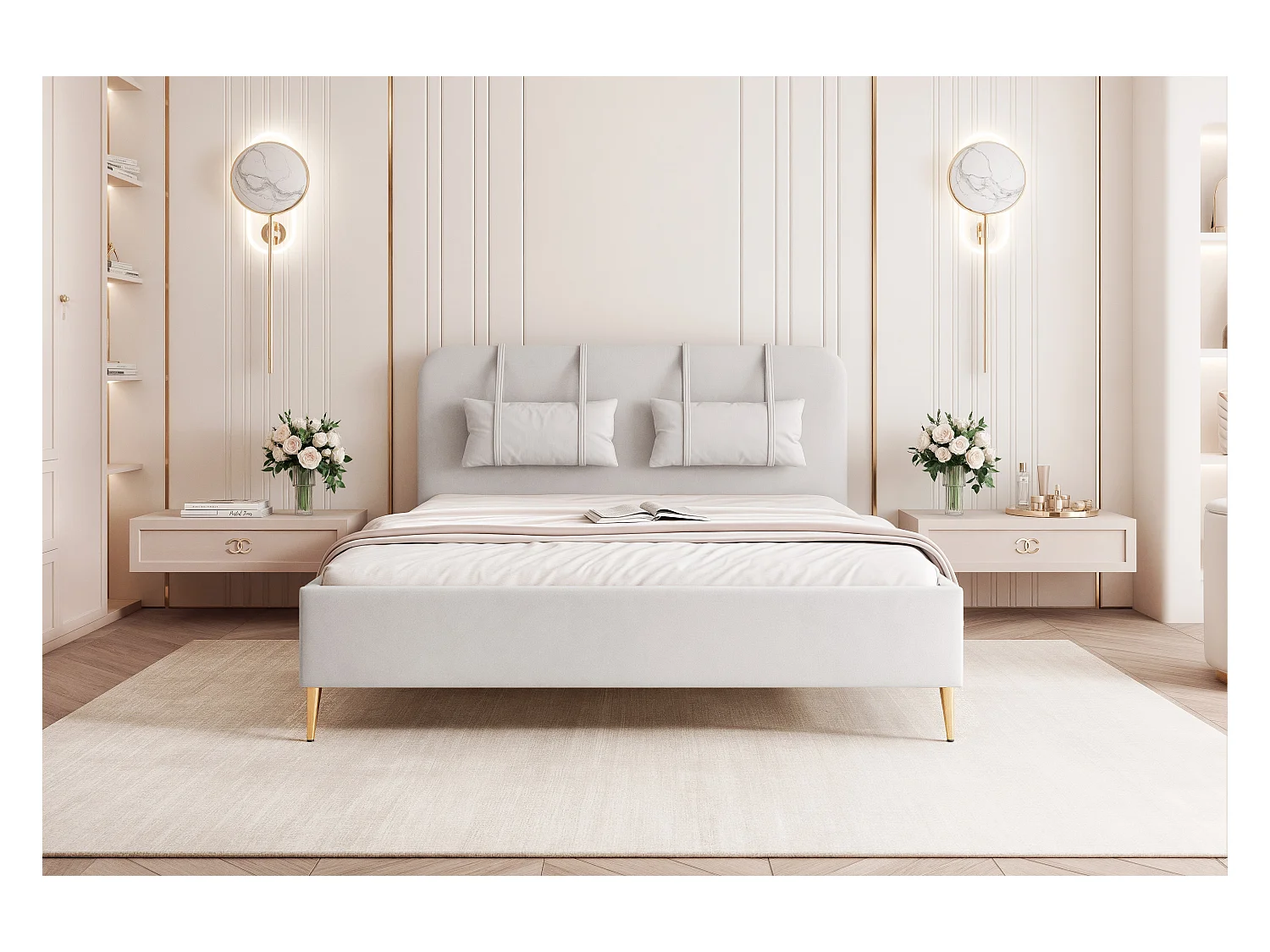 BESILIO Bed op gouden poten 120x200 Monti II – slank bed met afneembare sierkussens, metalen poten, lattenbodem en opbergruimte voor beddengoed – Lichtgrijs