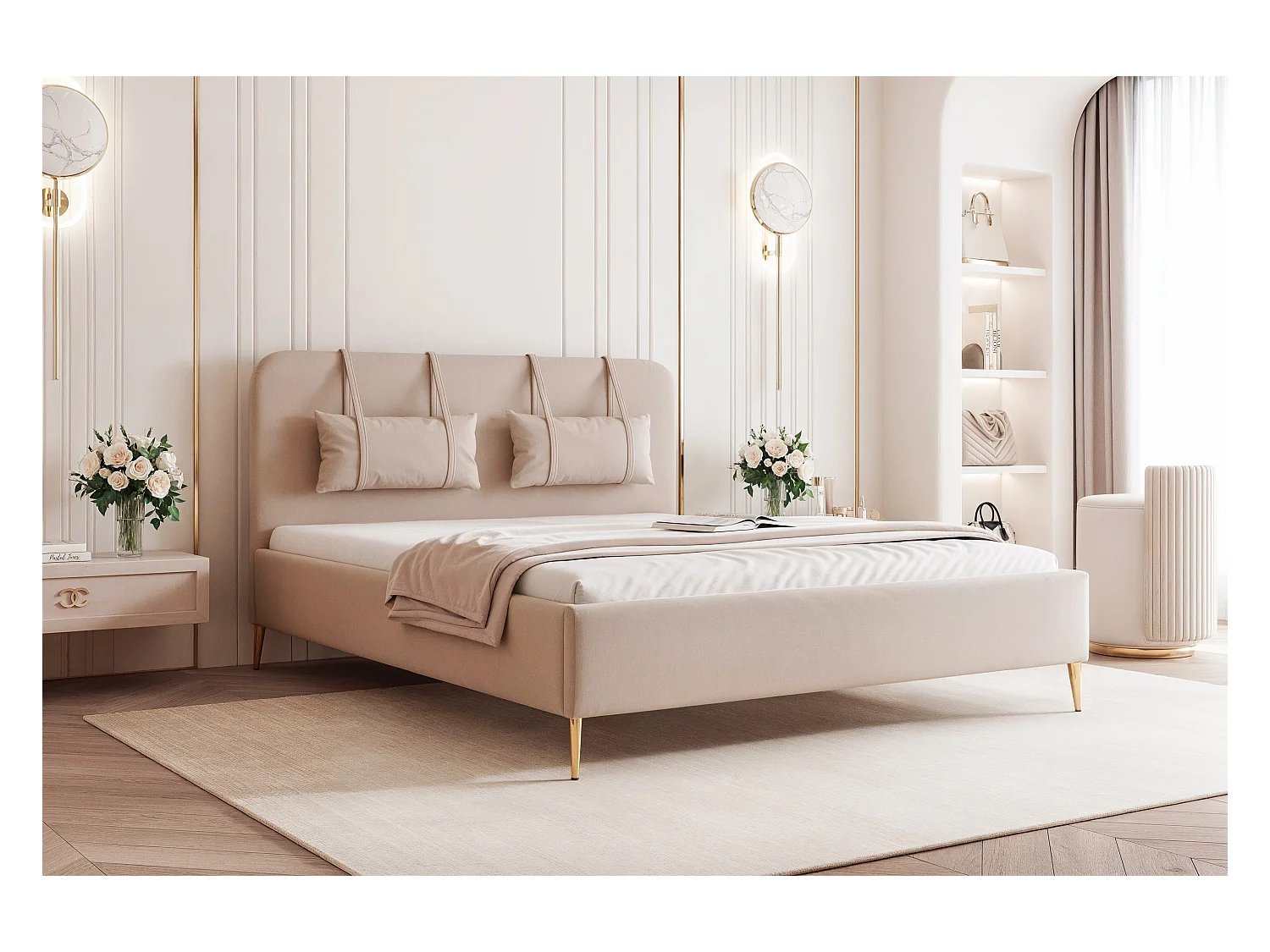 BESILIO Bed op gouden poten 140x200 Monti II – slank bed met afneembare sierkussens, metalen poten, lattenbodem en opbergruimte voor beddengoed – Beige