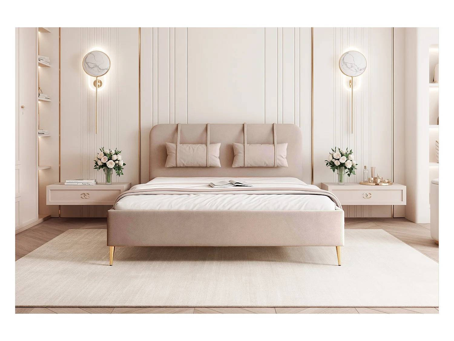 BESILIO Bed op gouden poten 140x200 Monti II – slank bed met afneembare sierkussens, metalen poten, lattenbodem en opbergruimte voor beddengoed – Beige