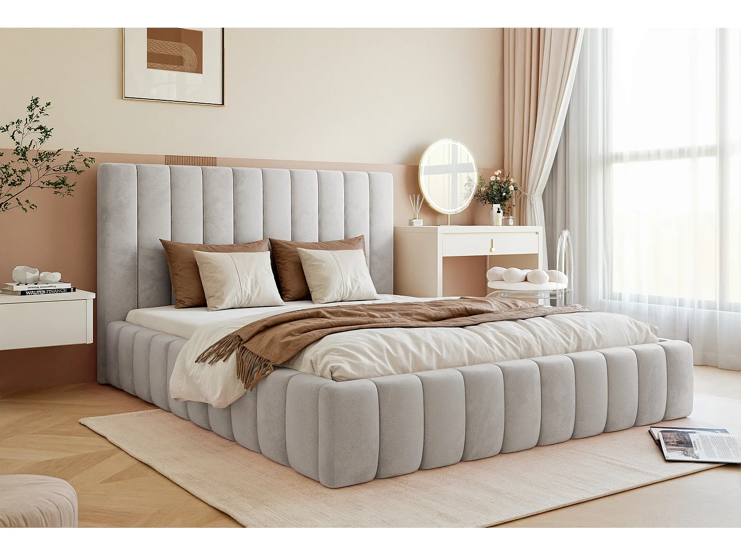BESILIO Lit double 160x200 Tina – lit fin pour la chambre avec sommier et coffre de rangement – tissu velours – Gris clair