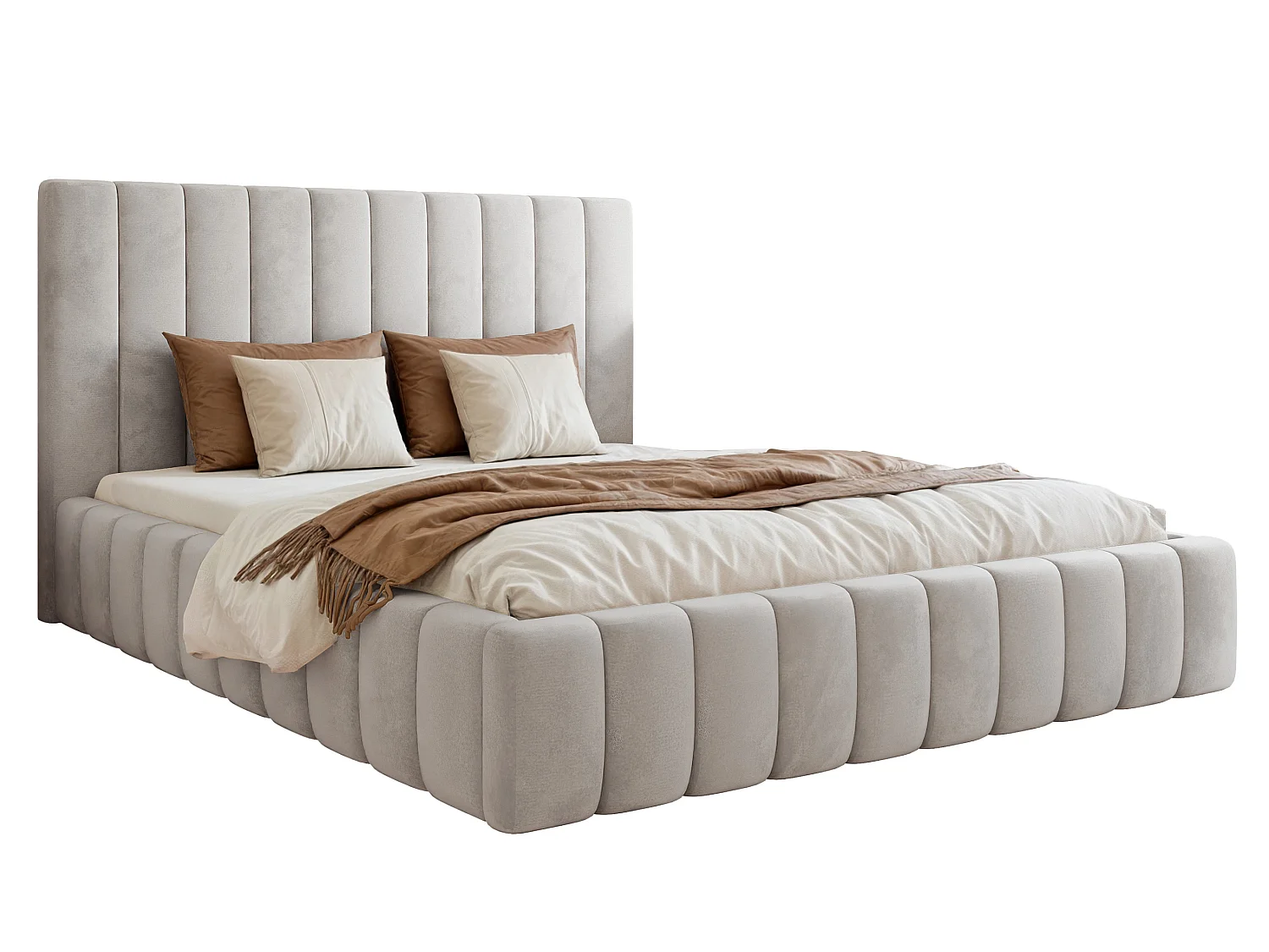 BESILIO Lit double 160x200 Tina – lit fin pour la chambre avec sommier et coffre de rangement – tissu velours – Gris clair