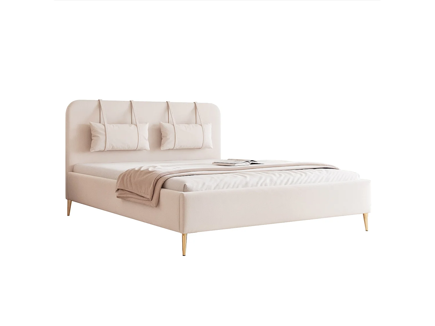 BESILIO Bed op gouden poten 200x200 Monti II – slank bed met afneembare sierkussens, metalen poten, lattenbodem en opbergruimte voor beddengoed – Crèmekleurig