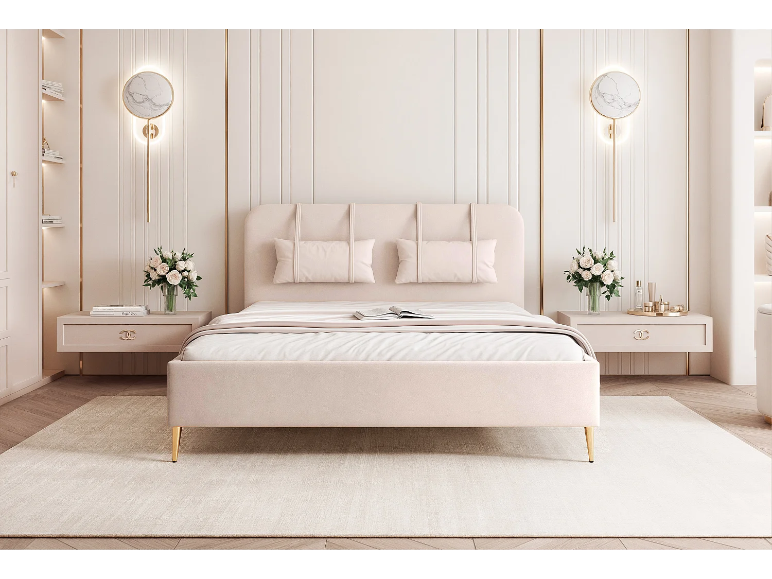 BESILIO Łóżko na złotych nogach 200x200 Monti II - Łóżko slim, ozdobne poduszki ściągane, metalowe nogi, ze stelażem i pojemnikiem na pościel- Kremowy