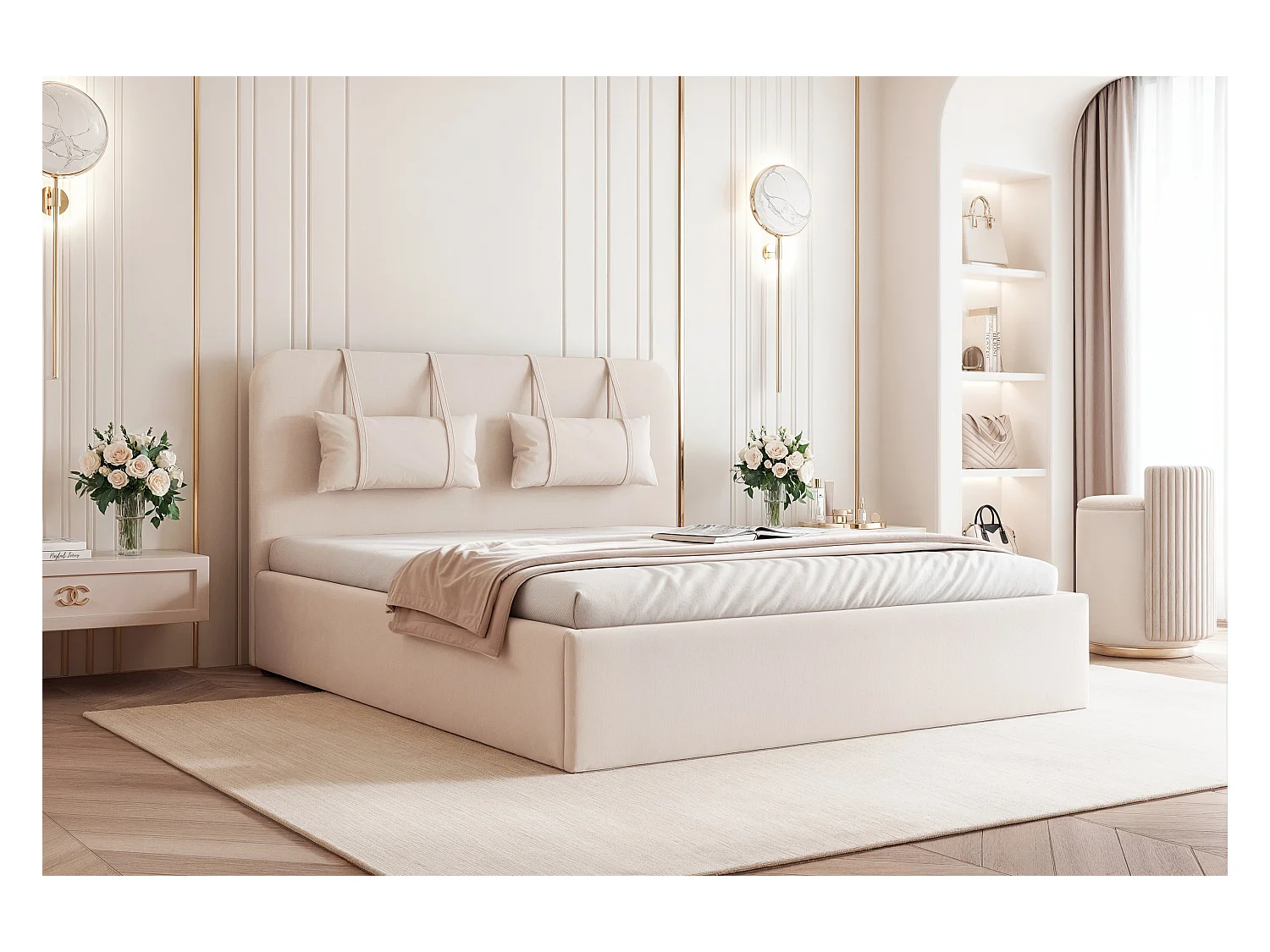 BESILIO Bed met opbergruimte van plaatmateriaal 140x200 Monti – slank bed met afneembare sierkussens, lattenbodem en opbergruimte voor beddengoed – Crèmekleurig