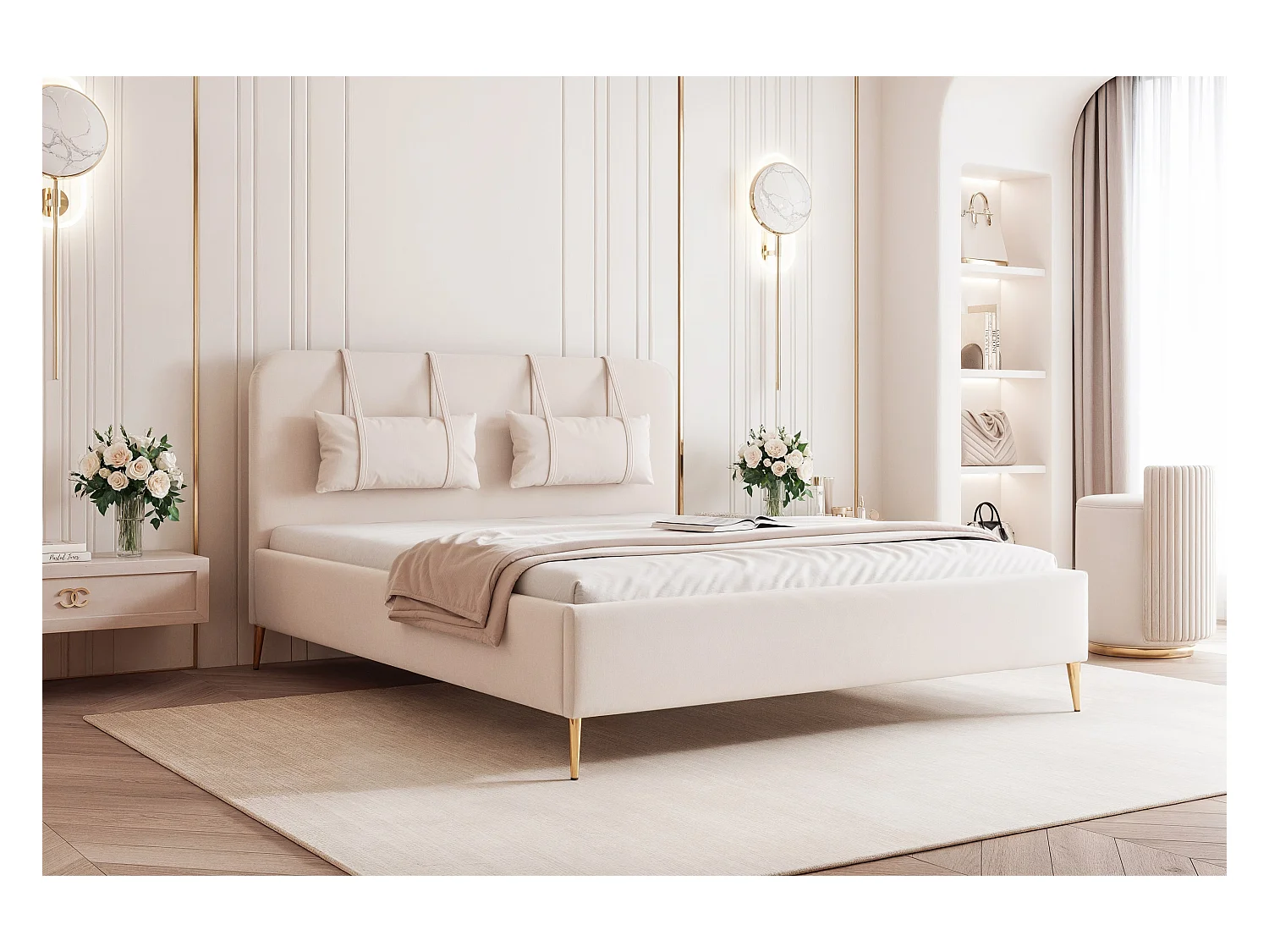 BESILIO Bed op gouden poten 180x200 Monti II – slank bed met afneembare sierkussens, metalen poten, lattenbodem en opbergruimte voor beddengoed – Crèmekleurig