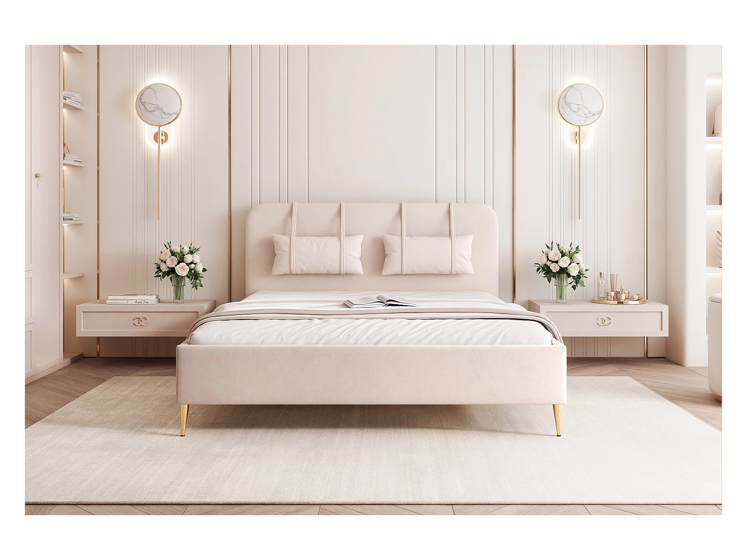 BESILIO Bed op gouden poten 180x200 Monti II – slank bed met afneembare sierkussens, metalen poten, lattenbodem en opbergruimte voor beddengoed – Crèmekleurig