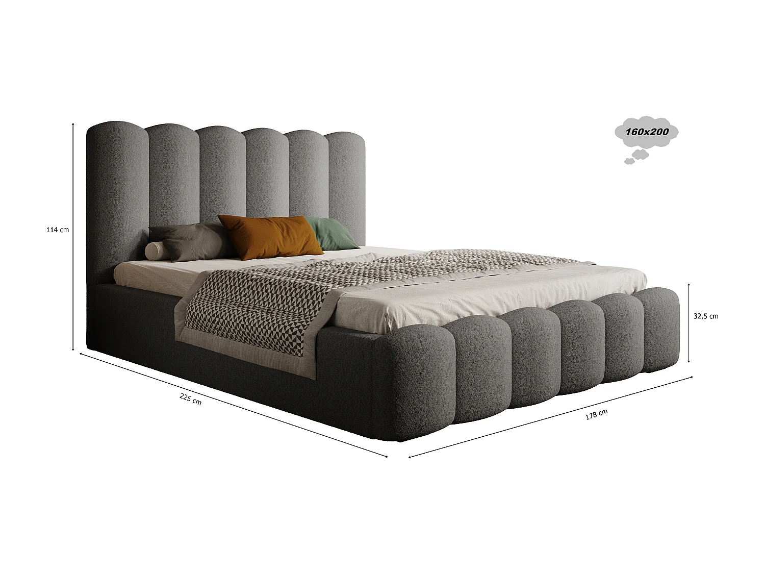 BESILIO Lit tapissé avec coffre de rangement et sommier 160x200 Tessa – lit en velours pour la chambre – Gris