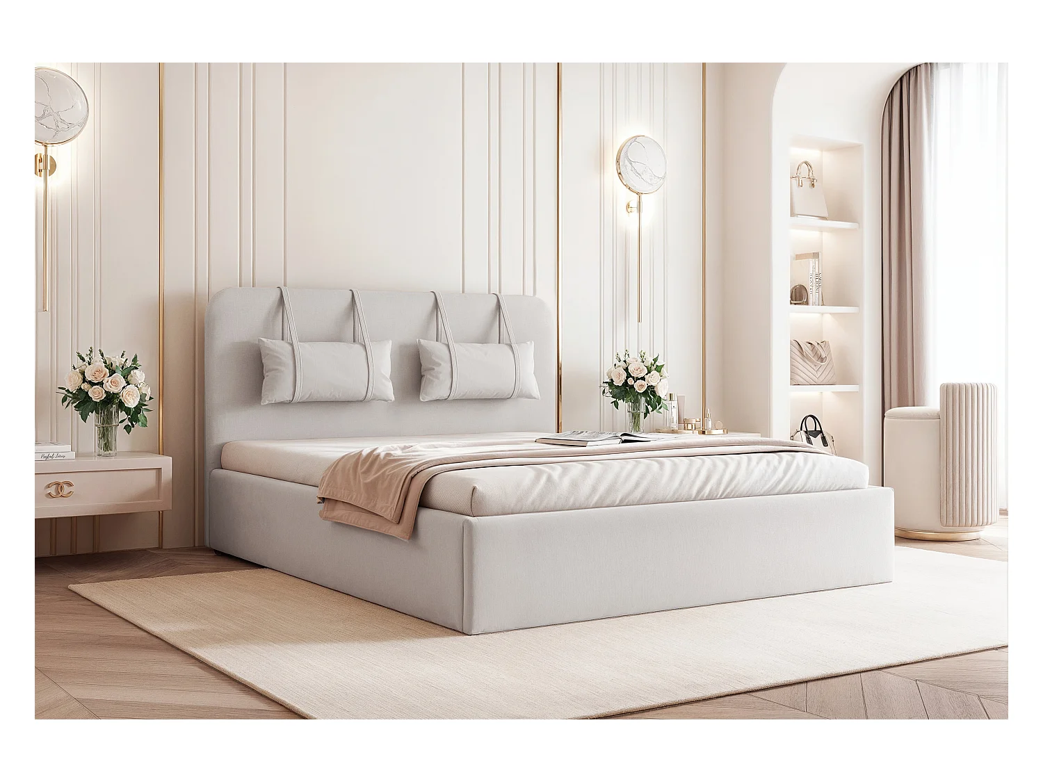 BESILIO Bed met opbergruimte van plaatmateriaal 120x200 Monti – slank bed met afneembare sierkussens, lattenbodem en opbergruimte voor beddengoed – Lichtgrijs