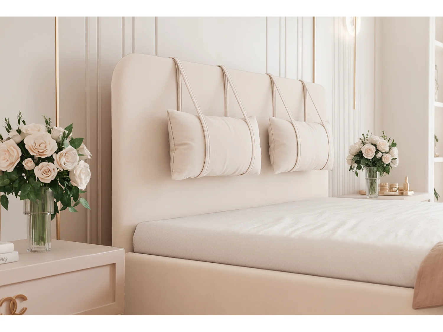 BESILIO Lit avec rangement en panneau 120x200 Monti – lit fin avec coussins décoratifs amovibles, sommier et coffre de rangement – Gris clair