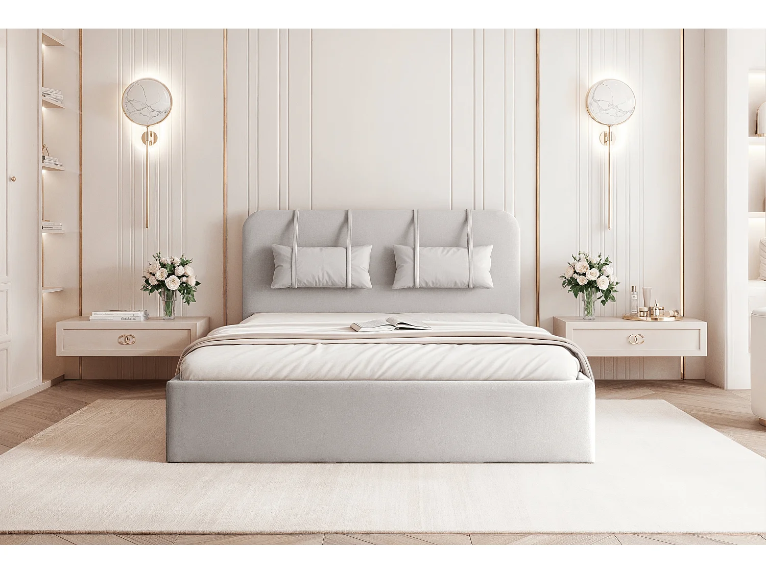 BESILIO Lit avec rangement en panneau 140x200 Monti – lit fin avec coussins décoratifs amovibles, sommier et coffre de rangement – Gris clair