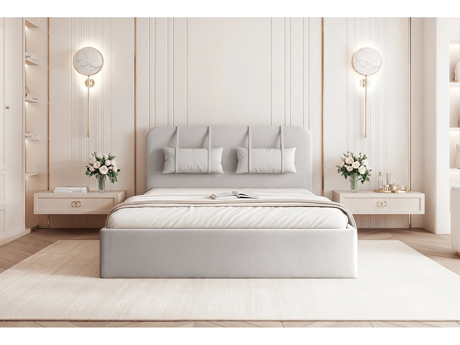 BESILIO Lit avec rangement en panneau 140x200 Monti – lit fin avec coussins décoratifs amovibles, sommier et coffre de rangement – Gris clair