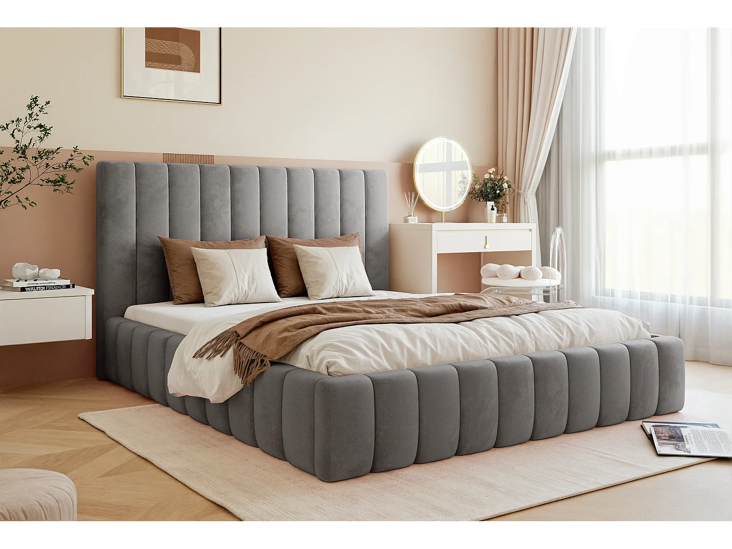 BESILIO Lit double 120x200 Tina – lit fin pour la chambre avec sommier et coffre de rangement – tissu velours – Gris