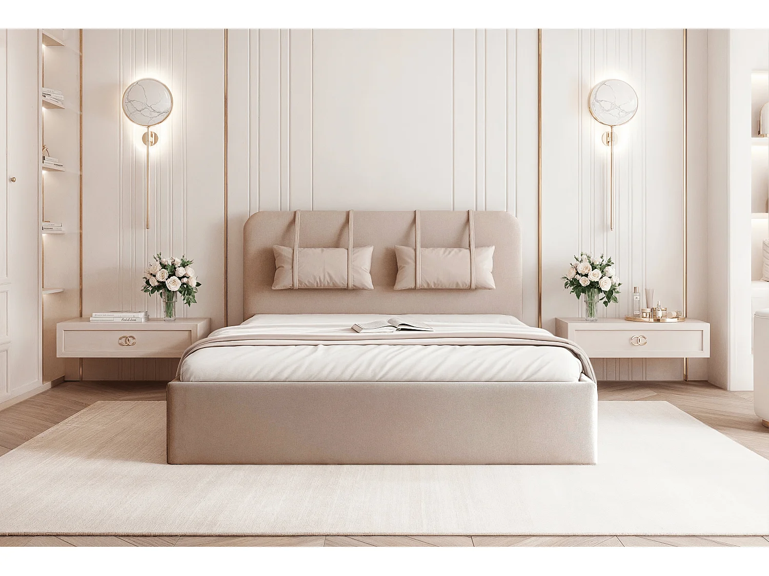 BESILIO Lit avec rangement en panneau 180x200 Monti – lit fin avec coussins décoratifs amovibles, sommier et coffre de rangement – Beige