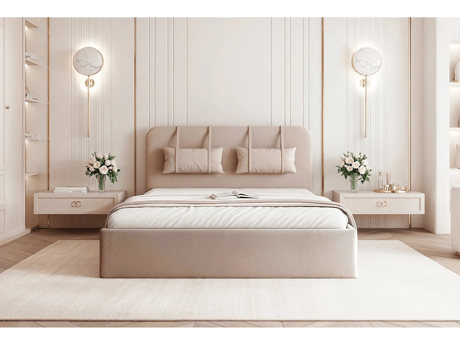 BESILIO Lit avec rangement en panneau 180x200 Monti – lit fin avec coussins décoratifs amovibles, sommier et coffre de rangement – Beige