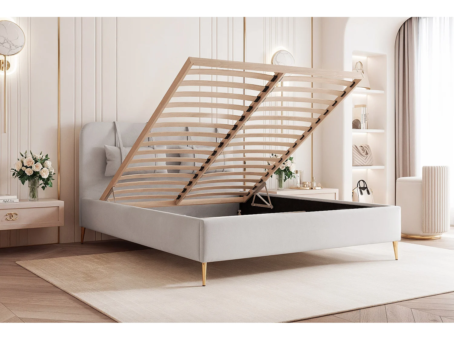 BESILIO Lit sur pieds dorés 120x200 Monti II – lit fin avec coussins décoratifs amovibles, pieds en métal, sommier et coffre de rangement – Beige